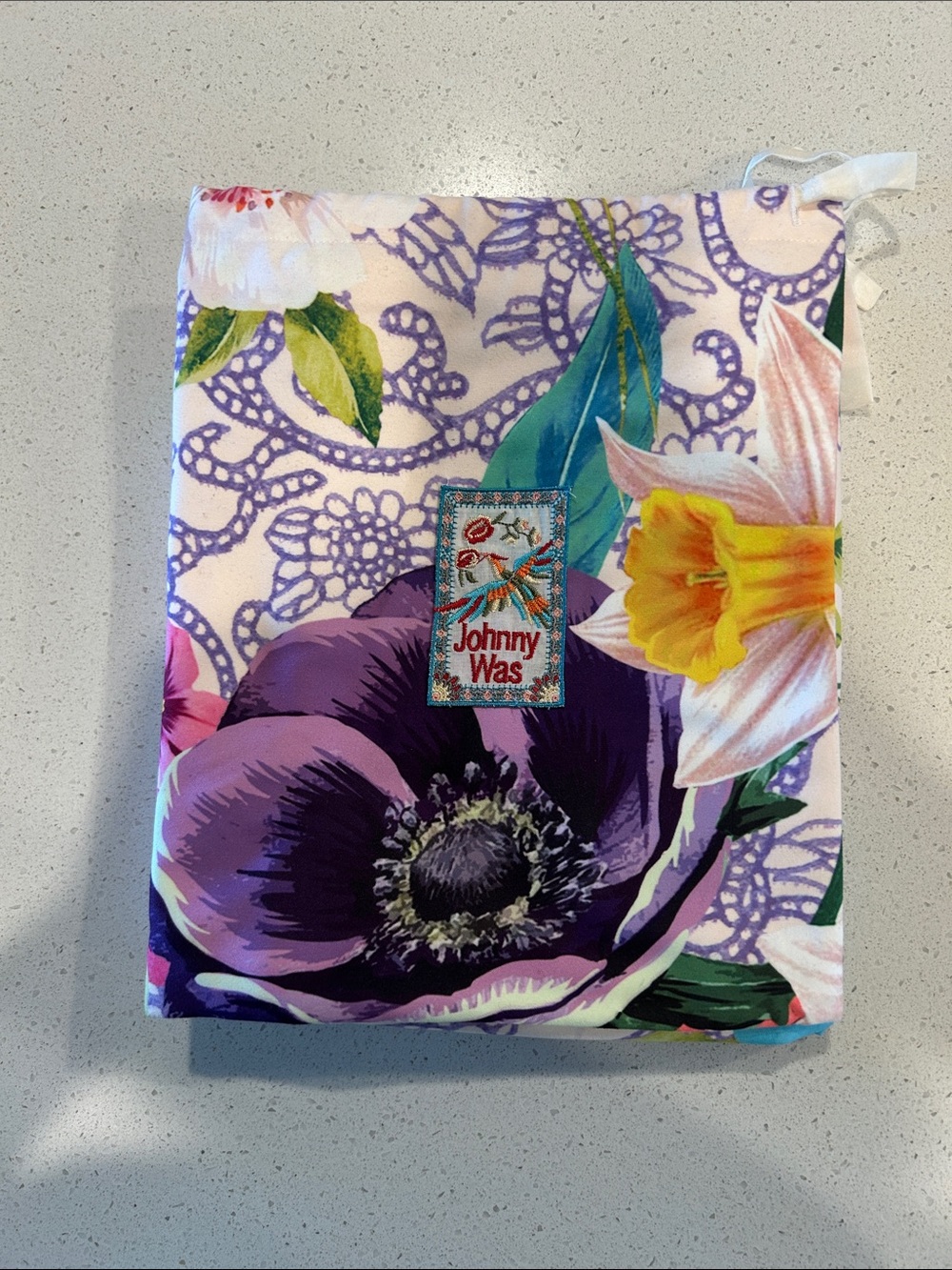 Johnny Was Floral Beach Towel with Drawstring Pouch - Purple, Pink & Yellow